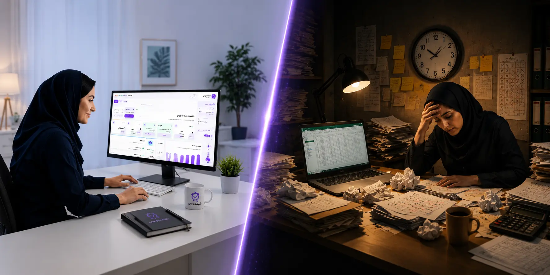 مقایسه قبل و بعد از استفاده از شیفت‌نویس برای ساخت برنامه شیفت