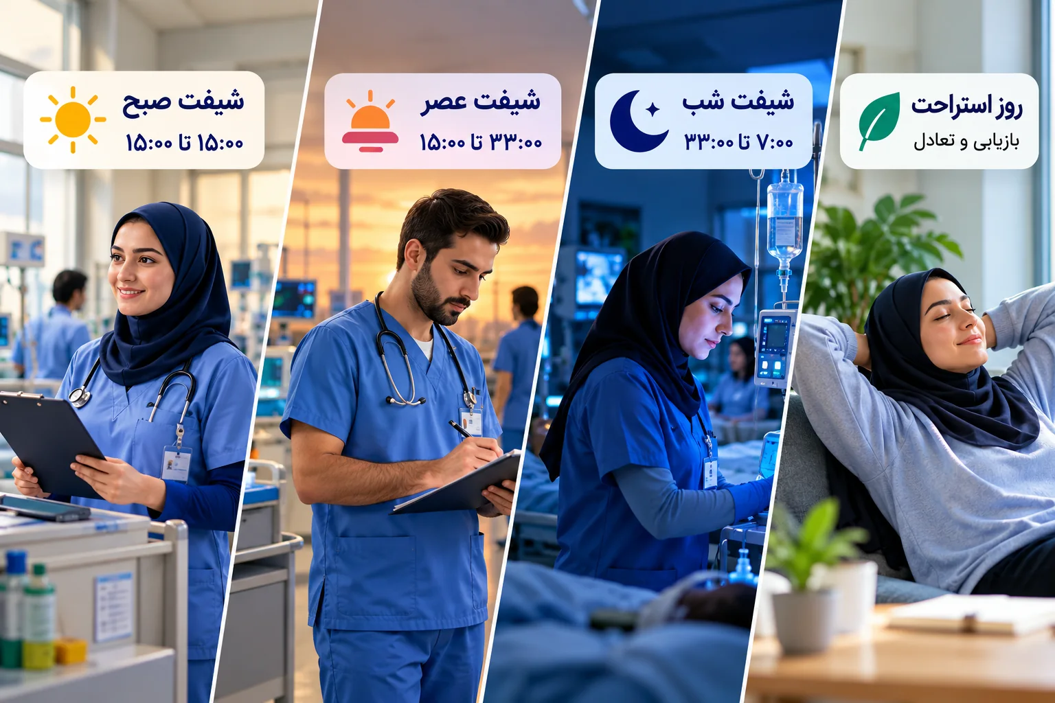انواع شیفت پرستاری شامل شیفت صبح، عصر، شب و روز استراحت