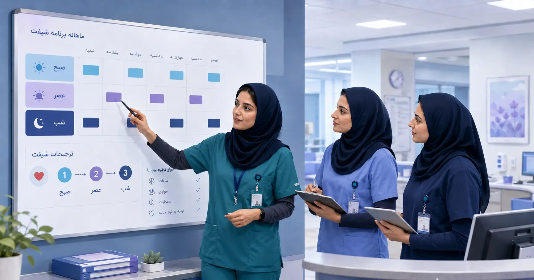 پرستاران در حال بررسی اولویت و ترجیحات شیفت صبح، عصر و شب